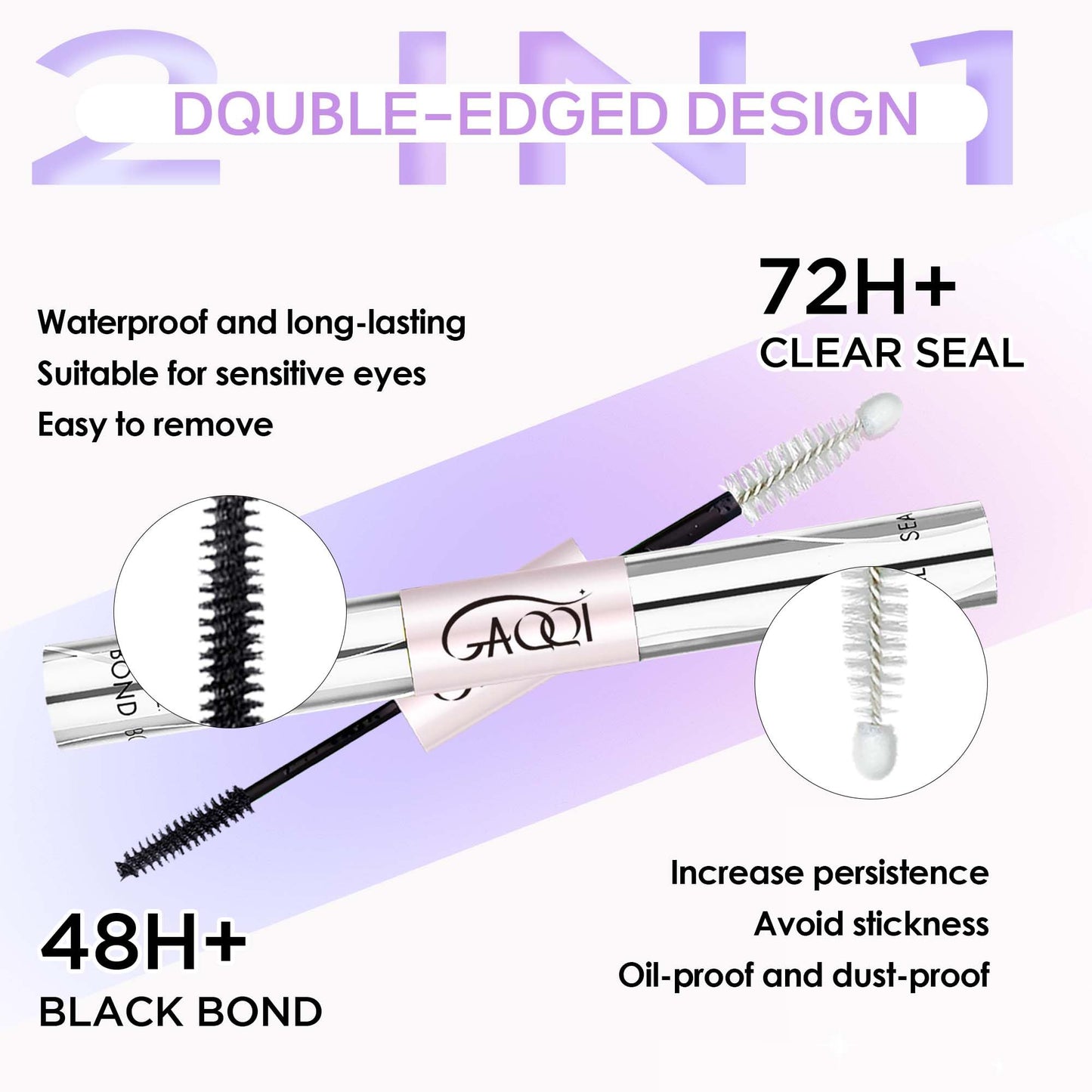 GAQQI Lash Cluster Glue, Lash Bond and Seal Waterproof, Bond & Seal Lash Glue for Eyelash Cluster, Lash Glue Black Long-Lasting 72H, Latex-Free（5ml+5ml）
