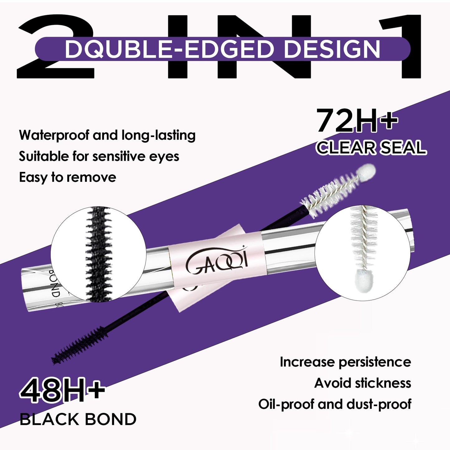 GAQQI Lash Cluster Glue, Lash Bond and Seal Waterproof, Bond & Seal Lash Glue for Eyelash Cluster, Lash Glue Black Long-Lasting 72H, Latex-Free（5ml+5ml）